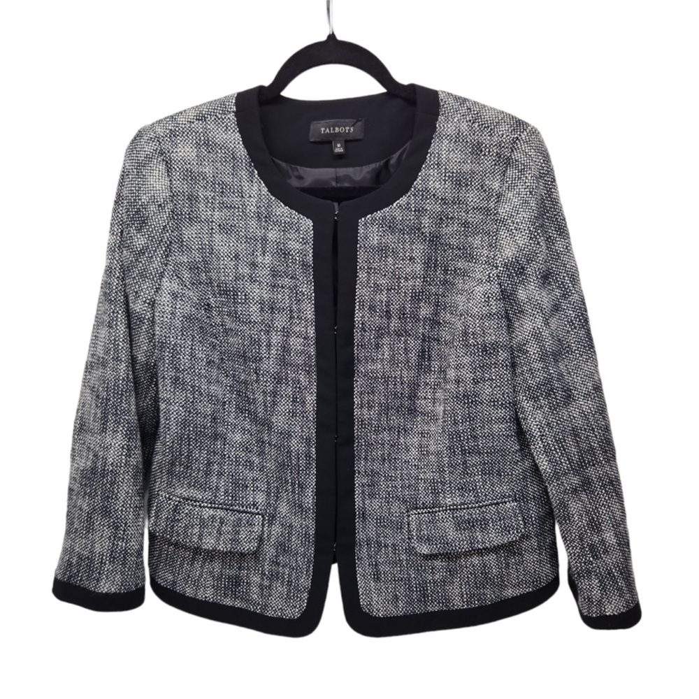 Talbots Tweed Blazer Front Hook and Eye Close Long Sleeve Black White, Size 10